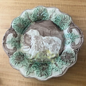 Antique USA Majolica Sheep Dog Plate Brown Sponge Arsenal Potteries 11" - Picture 1 of 5