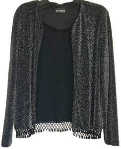 Vtg Black Cardigan Open Front Sz S-M Beaded Fringe Long Sleeve Metallic Wedding - Picture 1 of 9