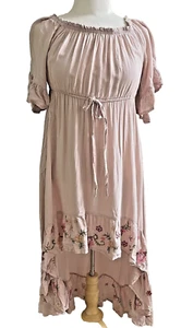 Feathers Dress Women M Embroidered Flowers Pink Boho Off Shoulder Milkmaid Fairy - Picture 1 of 23