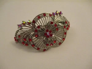 Vintage Large 3" Metal Hair Clip Bar Ornate Floral Red Rhinestone - Picture 1 of 4
