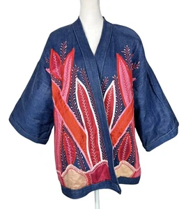 Vtg Judith Roberts La Coleccion Fiber Art Denim Kimono Coat Satin Snake Plants L - Picture 1 of 23