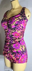 Vintage Maxine of Hollywood Swimsuit Sz 16 Black Floral Ruched Slimming - Picture 1 of 16