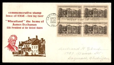 Mayfairstamps US FDC 1956 Jamaes Buchanan Wheatland Block Liders First Day Cove Foto 1 de 2