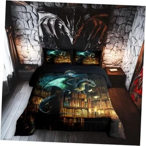 Dragon Bed Comforter Set Size,Castle Bookshelf Super Soft Microfiber Queen Blue - Picture 1 of 8