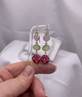 Pink Rubellite Tourmaline Earrings Briolette 14K Gold Filled Drop SIMULATED - Image 1 of 4