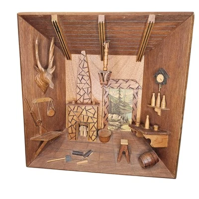 Vintage Wood Carved Lodge Cabin 3D Scene Hunting Mancave 12x12 Wall Art Brown - Image 1 of 4