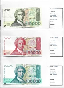 3 x ALL DIFFERENT CROATIA BANKNOTES (1992-1993) - Picture 1 of 2