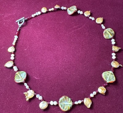 令人惊叹的淡水珍珠和艺术玻璃珠项链 22 英寸红色水晶 — 第 1/4 张图片