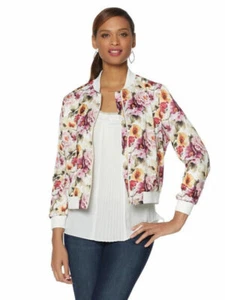 COLLEEN LOPEZ Size S Flattering Floral Print Bomber Jacket IVORY FLORAL - Picture 1 of 3