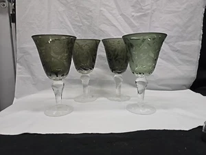 Michael Weems Style Etched Glass Goblets Elise Hand Blown Set Of 4 2001 Smoke - Picture 1 of 22