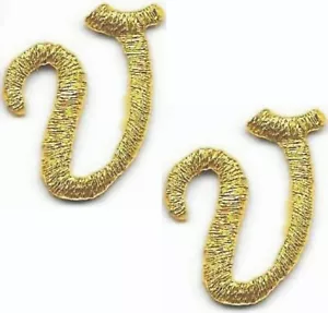 Gold Script Letter V Patch Embroidered Cut out Iron on Sew on (1 1/8") Lot of 2 - Picture 1 of 2