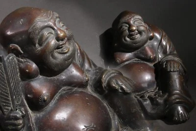 Antigua estatua japonesa de bronce Hotei de 7,87 pulgadas Dios de la suerte arte budista era Meiji Foto 1 de 4