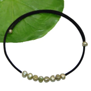 7-8mm Multicolor Baroque Pearl Black Leather Rope Wires Jewelry Necklace 18'' - Picture 1 of 15