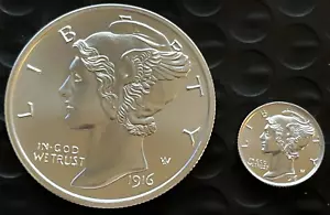 1/10 Oz 0,999 Silber US 1916-D Mercury Dime Tribute High Relief Runde Schnitzerei - Bild 1 von 5