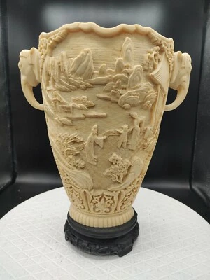 Chinoiserie Oriental Large Vase Carved Resin Scenic Pagoda Elephant Made / Italy - Image 1 of 4