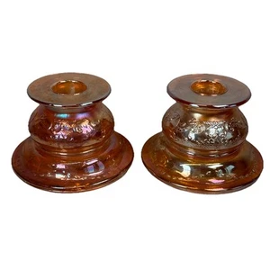 2 Pink Federal Iridescent Depression Glass Candle Holders Madrid Pattern 2.25" - Picture 1 of 17