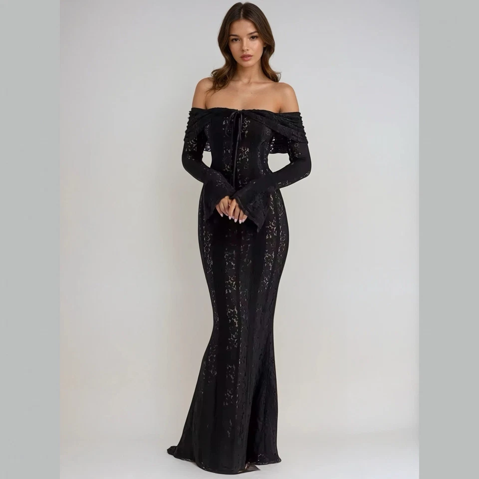 Thalia - Maxi Vestido Negro de Encaje al Hombro en Tallas Pequeñas Medianas y Grandes Foto 1 de 4