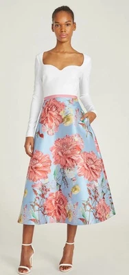 Theia “Vestido Línea A Alondra” Floral Jacquard Falda Escote Corazón Talla 0 Foto 1 de 4