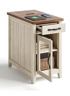 Mesas auxiliares LINSY HOME con estación de carga, cajón y, gris lavado y marrón AAP7 Foto 1 de 4