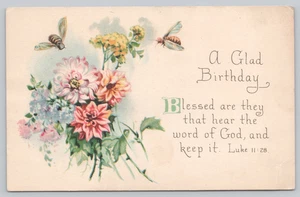Postal Feliz Cumpleaños con Escritura Lucas 11:28 Flores y Abejas - Imagen 1 de 2