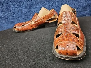 Stacy Adams Brown Embossed Leather City Sandals Leather Shoes 9.5 M Ostrich - Picture 1 of 15