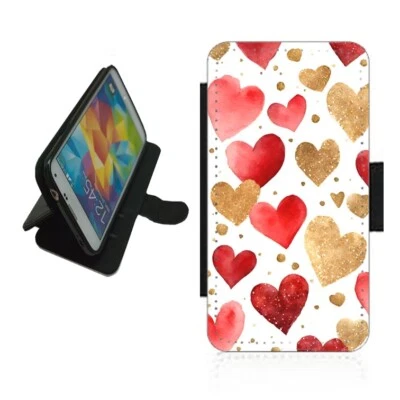 Phone Case Wallet Valentine Hearts design For iPhone Samsung flip Cover HEART1 - Image 1 of 3