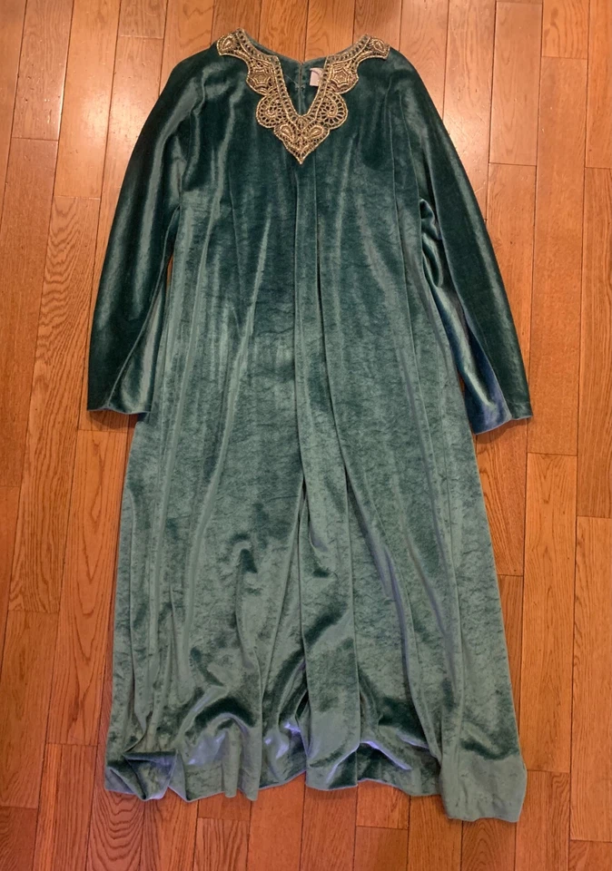 Vestido hippie vintage de terciopelo azul/verde estilo caftán con bordado plateado  Foto 1 de 4