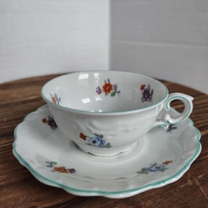 Schumann Vintage Floral Cup & Saucer Germany Bavaria Pattern Footed Green Trim - Picture 1 of 19