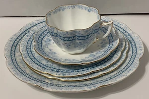 Raro c. 1900 Wileman Foley China Claveles Azules Banda Floral 7 piezas Set Taza de Hadas - Imagen 1 de 22