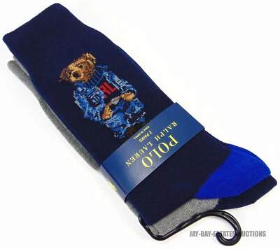 NUEVO POLO RALPH LAUREN DENIM OSO CALCETINES PAQUETE DE 2 899957PK AZUL MARINO SURTIDO BANDERA RL Foto 1 de 4