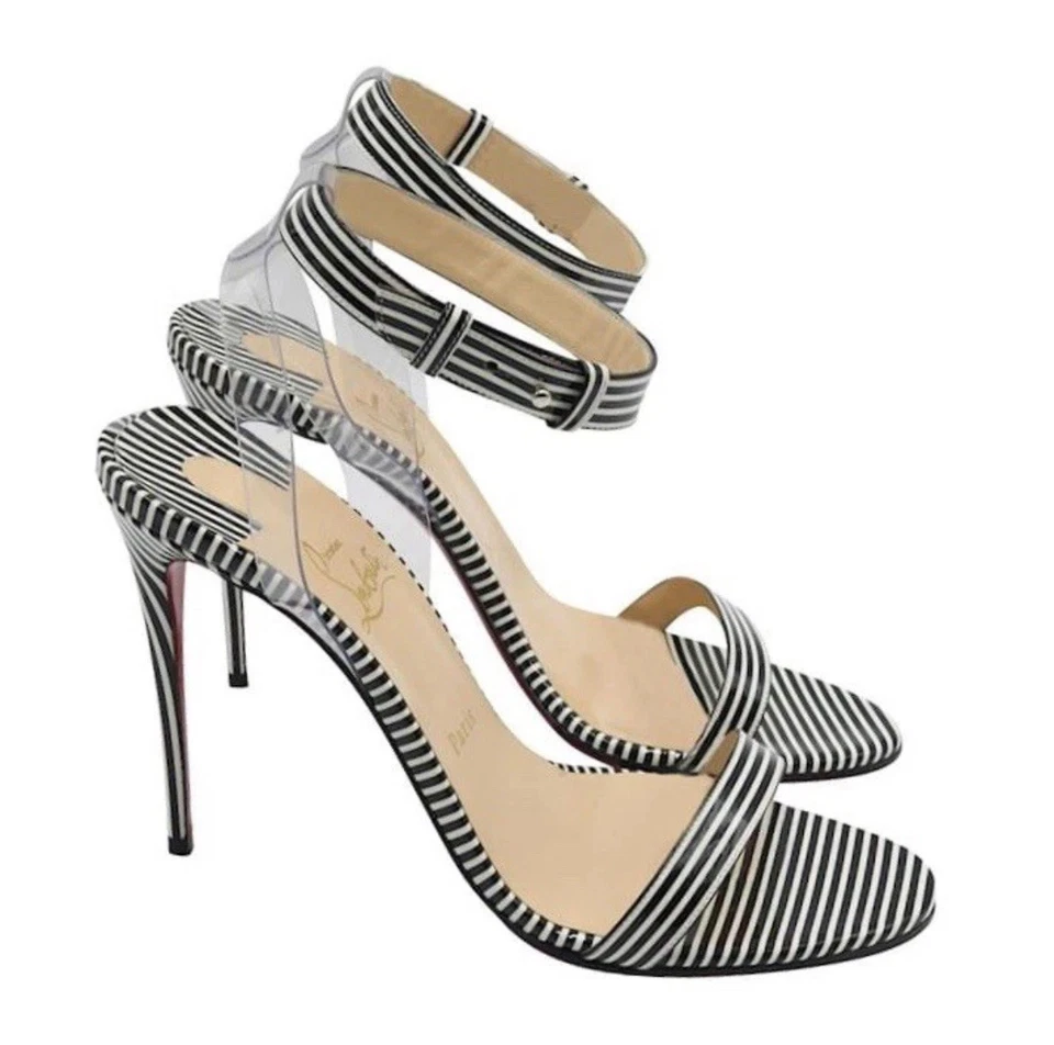 Christian Louboutin Jonatina 100 黑色白色条纹专利凉鞋高跟鞋 40 码 — 第 1/4 张图片