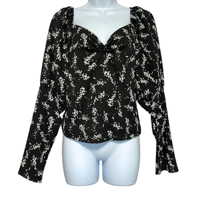 Anthropologie Sweetheart Top Womens L Black Floral Peasant Mutton Leg Sleeve - Image 1 of 4