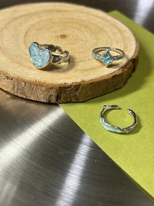 Adaptive Light Blue Enamel Rings Set | Heart, Star, and Wave Set - Picture 1 of 3