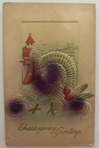 1911 Embossed Thanksgiving Postcard Airbrushed Turkey Farm Scene - Picture 1 of 2