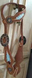 Scott Thomas Custom Sliding Ear Headstall Leather Copper Hardware Feathers - Picture 1 of 6