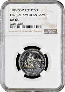 Dominican Republic 1 peso 1986, NGC MS63, "XV Central American Games" - Picture 1 of 2