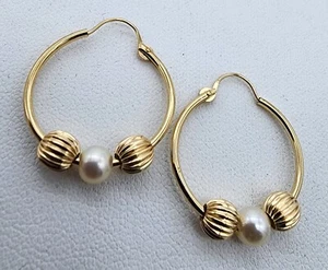 14k .585 Yellow Gold 3/4" Pearl Ball Bead Hoop Earrings Au 23130 - Picture 1 of 6