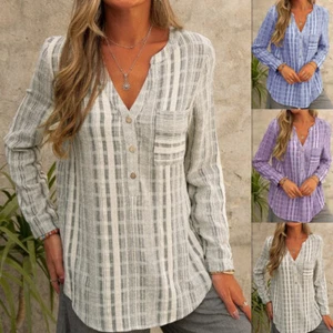 Womens Casual V Neck Striped Blouse Ladies Long Sleeve Button Pockets Tunic Tops - Picture 1 of 14