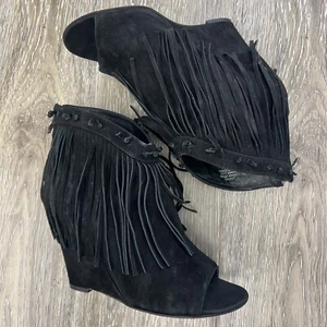 ASH Shoes Janis Fringe Suede Zip Black Peep Toe Wedge Bootie Ankle Boots 7.5 38 - Picture 1 of 10