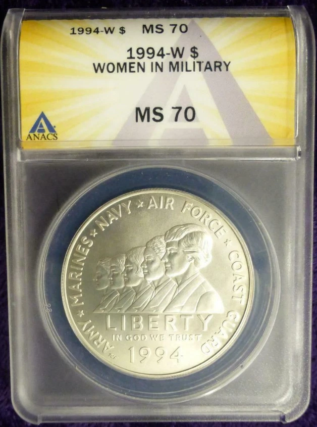 :1994 W $1 Women-Veterans Commemorative-Silver-Dollar ANACS MS-70 Rare Top-Pop - Image 1 of 2