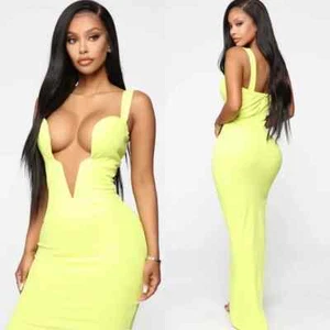 Fashion Nova neon yellow plunge neck stretch maxi dress Halloween size large NWT - Picture 1 of 2