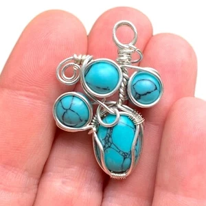 Turquoise Necklace Sterling Silver Gift For Bestie Wire Wrap Pendant Gem Jewelry - Picture 1 of 10