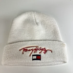 Vintage 90s Tommy Hilfiger Beanie Hat Cap White Knitted Mens - Picture 1 of 5
