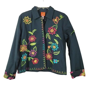 Hearts of Palm Womens Floral Embroidered Trapeze Jacket Black Mirrors Mature Sz8 - Picture 1 of 11