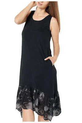 LOGO by Lori Goldstein Cotton Modal Dress w/ Tie-Dye Hem Black Foto 1 de 2