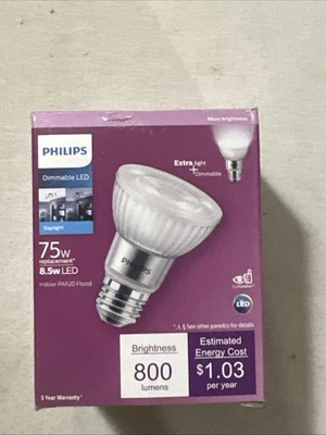 PHILIPS 75-Watt (8.5w) Indoor PAR20 Dimmable Daylight LED Flood Light T20 - Image 1 of 3