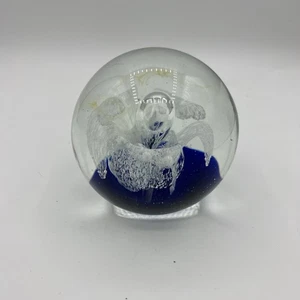 Vintage Glas Rund Briefbeschwerer Mittel Blau Weiß Blume Blase - Bild 1 von 4