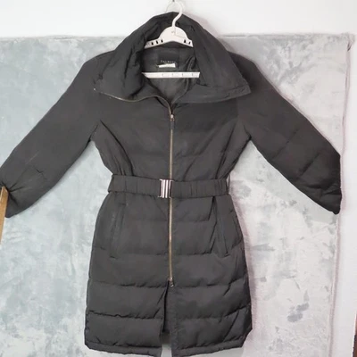 Talbots Coat Womens Petite Medium Black Belted Down Puffer Zip Funnel Collar - Image 1 of 4