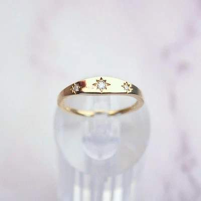 14k solid gold celestial ring with 3 natural diamonds gypsy signet ring inspired - Image 1 of 4