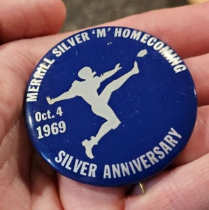 Vintage 1969 Merrill  Silver "M" Homecoming Button 2.25" - Picture 1 of 5